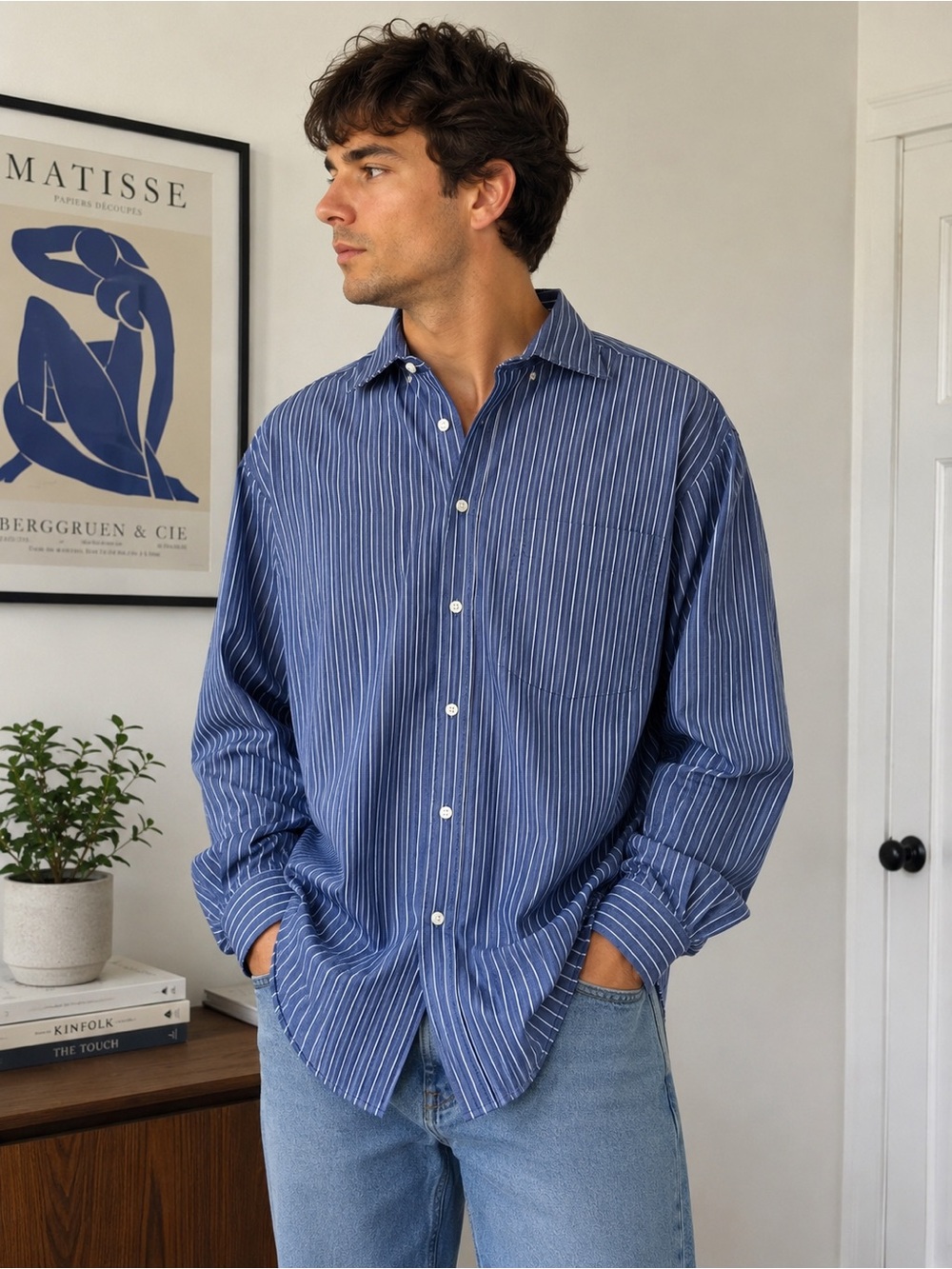 U.S. Polo Assn. Men’s L Blue & White Pinstripe Long Sleeve Button Down Shirt